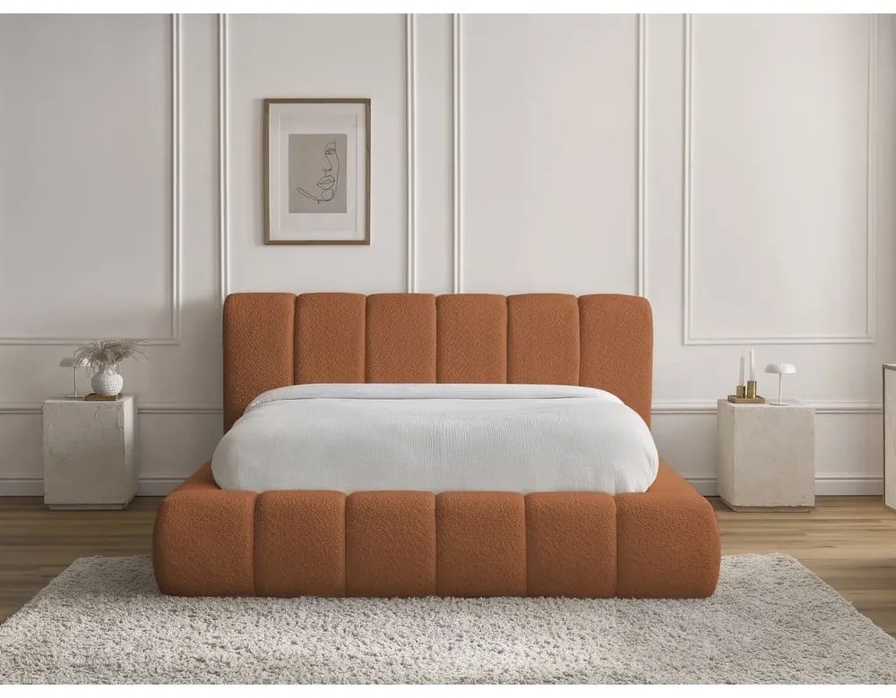 Pat matrimonial portocaliu tapițat cu spațiu de depozitare cu somieră 160x200 cm Denali – Bobochic Paris