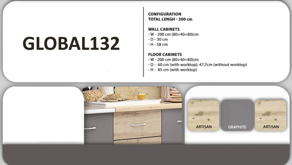 Bucatarie GLOBAL132 - stejar artisan/gri grafit