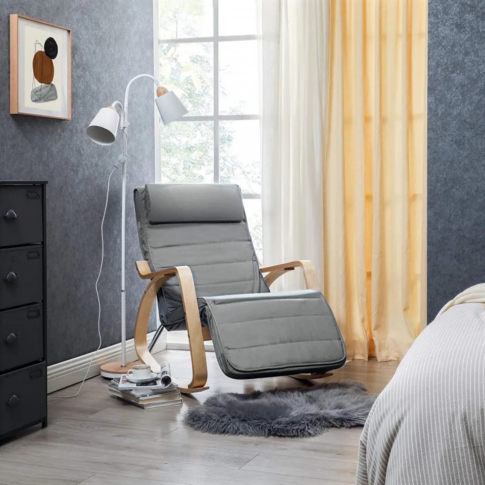 Fotoliu balansoar, lemn de mesteacan / textil, gri inchis, Songmics