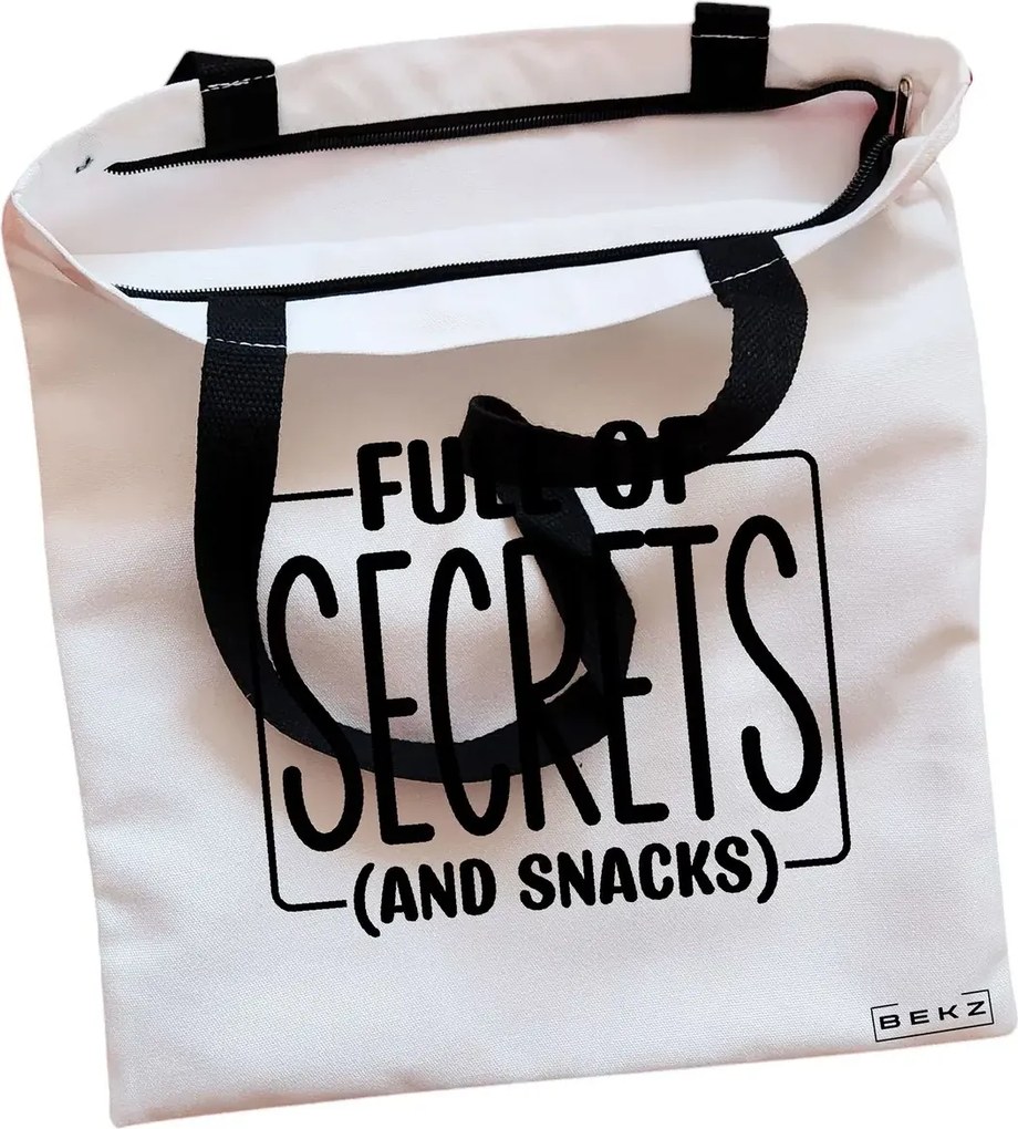 Sacosa de Panza pentru Cumparaturi, Geanta Tote, model Full of secrects and snacks, Cu fermoar, 38x34.5 cm, Alba, BEKZ®