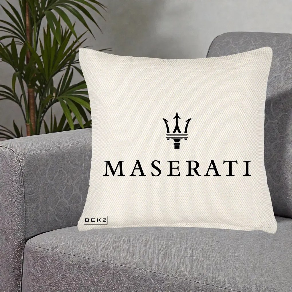 Perna Personalizata cu emblema Maserati, 40x40 cm, Crem Reliefat, Husa Detasabila, Perna Inclusa, BEKZ®
