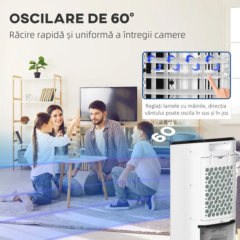 HOMCOM Răcitor Evaporativ 3-în-1, Ventilator, Umidificator cu Gheață și Dezumidificator, 3 Viteze, 3 Moduri și Telecomandă, Timer 12 Ore, 65W din ABS, 24.5x27x60 cm, Alb | Aosom Romania