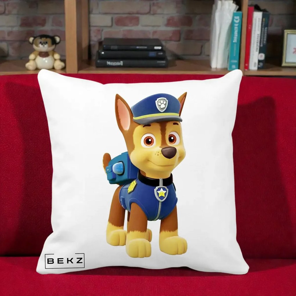 Perna Personalizata Chase PAW Patrol Albastru, 40x40 cm, Alba Mata, Husa Detasabila, Perna Inclusa, BEKZ®
