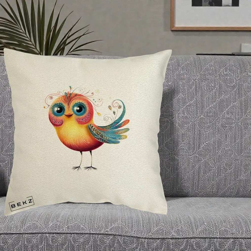 Perna Decorativa Pasare Vibranta cu Aripi Ornamentale, 40x40 cm, Ecru, Husa Detasabila, Perna Inclusa, BEKZ®