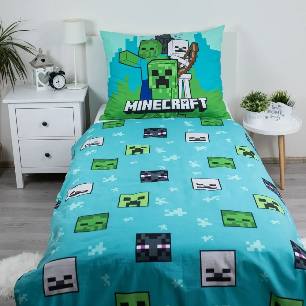 Lenjerie de pat pentru copii verde-albastră din bumbac pentru pat de o persoană 140x200 cm Minecraft "Mobs Here" – Jerry Fabrics
