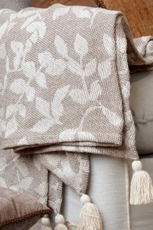 Pled țesut din bumbac și fibre reciclate, latte și crem, cu model de frunze și ciucuri, 150 x 130 cm, „Aix”
