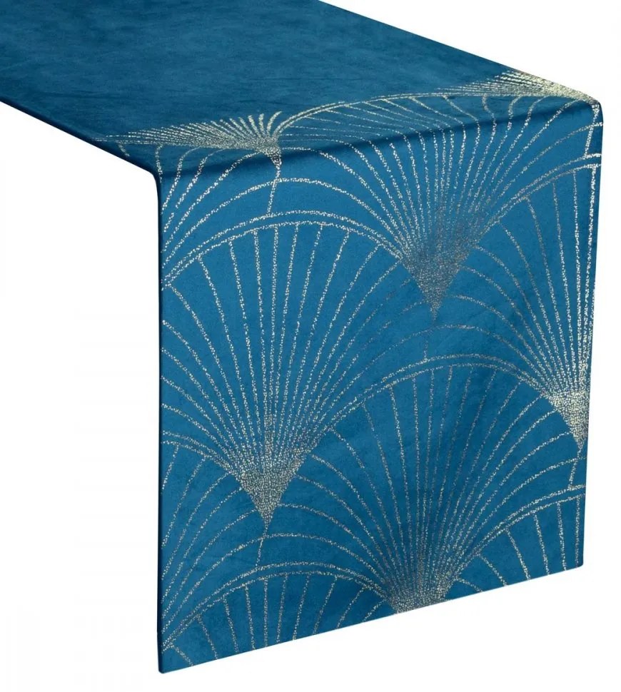 Traversa pentru masa centrală din catifea cu imprimare albastră lucioasă Lățime: 35 cm | Lungime: 140 cm