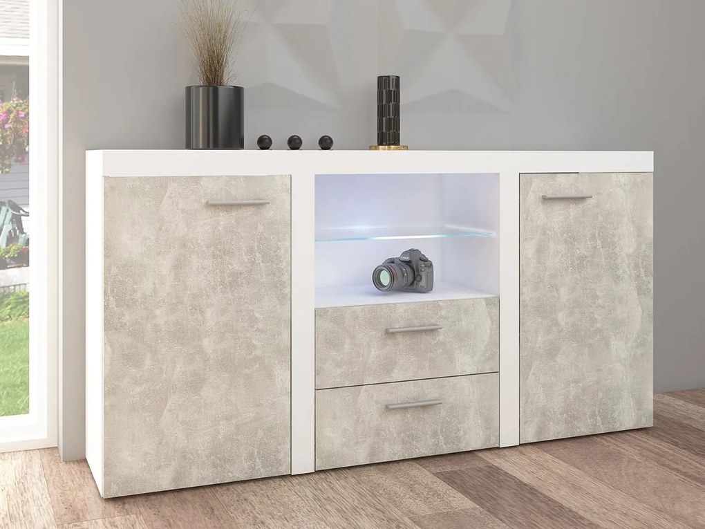 Comodă combinată Rokara (Alb + beton deschis) (iluminat LED). 1053863