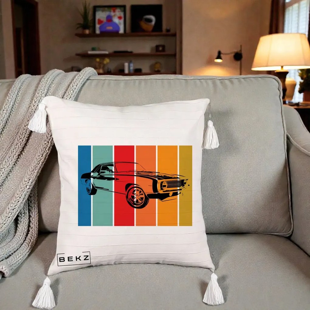 Perna Personalizata Masina Retro Muscle Car Grafic, 40x40 cm, Bej cu Franjuri, Husa Detasabila, Perna Inclusa, BEKZ®