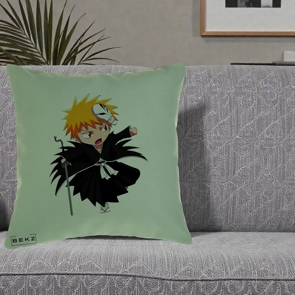 Perna Personalizata Bleach Ichigo Chibi cu Masca, 40x40 cm, Verde, Husa Detasabila, Perna Inclusa, BEKZ®