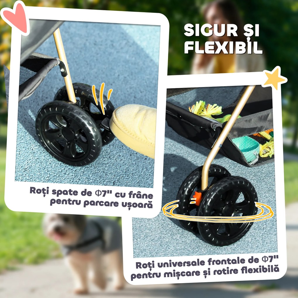 PawHut Cărucior pentru Animale de Companie 3 în 1 cu 4 Roți și Geantă de Transport Detașabilă, 76x50x102 cm, Gri | Aosom Romania
