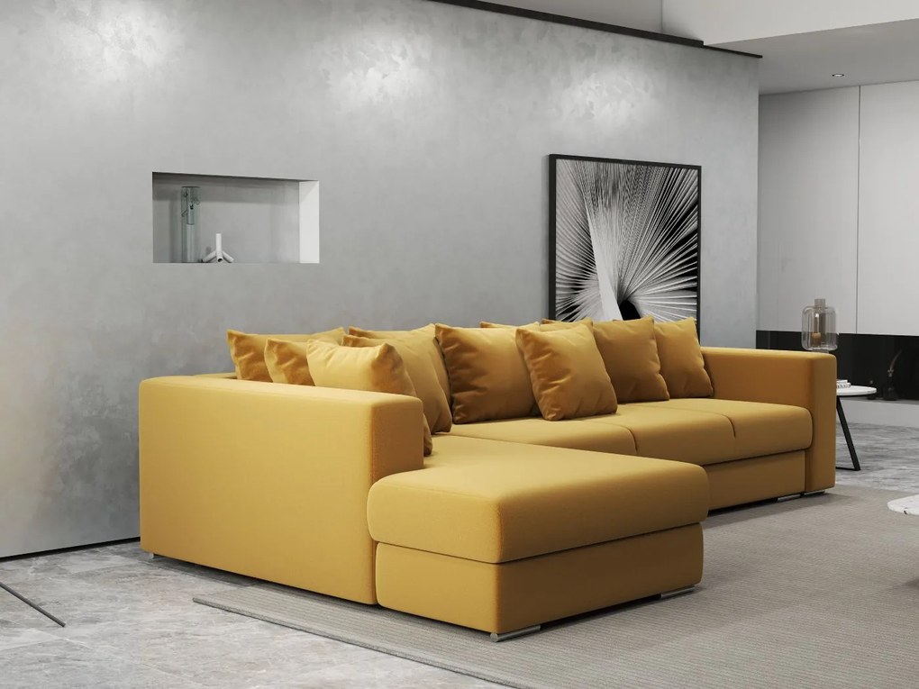 Colțar extensibil dumonde cu ladă de depozitare si sezut confortabil din spuma high-density, Gloria Royal Mustar 320x183 cm