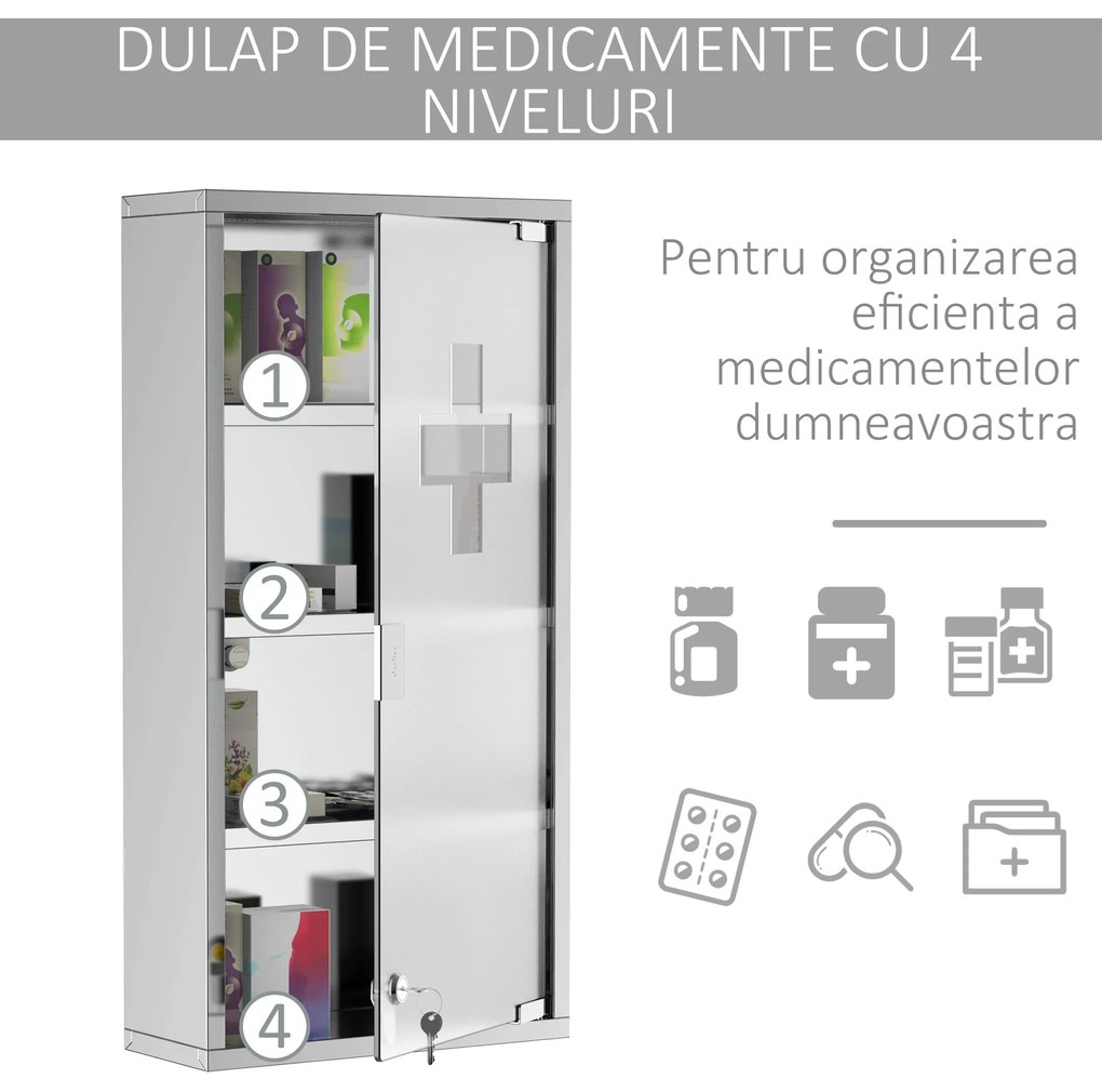 Dulap medicamente cu 4 rafturi HOMCOM, 30x12x60cm | Aosom Romania