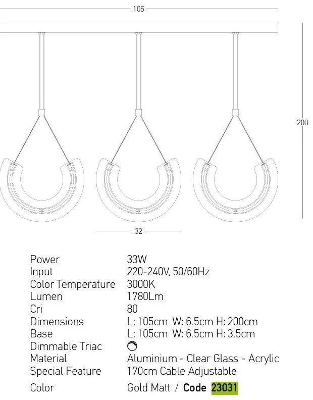 Lustra cu 3 Pendule LED, Aluminiu, Auriu, Deco Line
