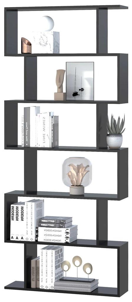 Biblioteca Design Modern in forma de S, din Lemn, cu 6 Rafturi, Negru, 80x23x192cm HOMCOM | Aosom Romania