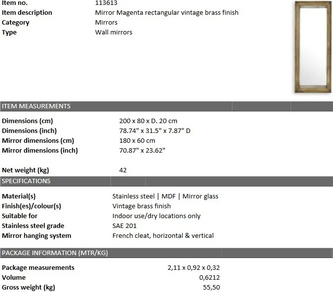 Oglinda decorativa design LUX din otel finisaj alama vintage Magenta 200x80cm 113613 HZ