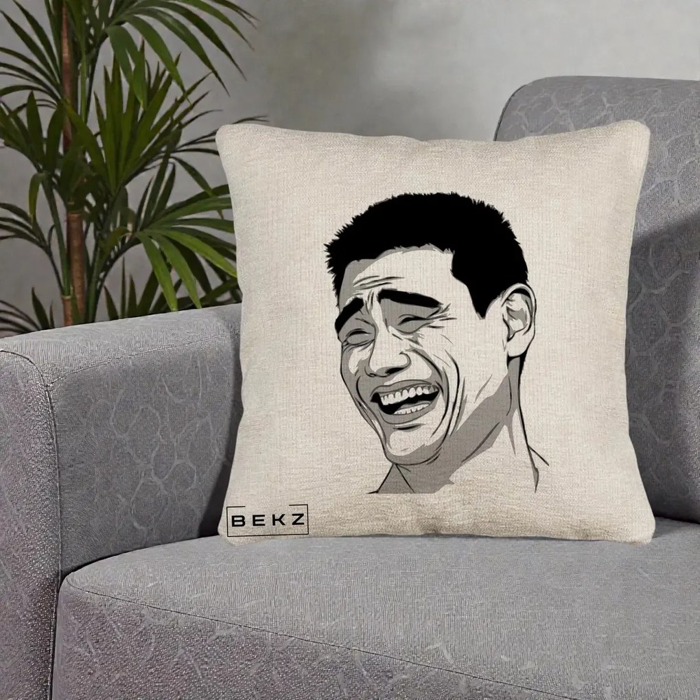 Perna Decorativa Yao Ming Meme, 40x40 cm, Bej Canapea, Husa Detasabila, Perna Inclusa, BEKZ®