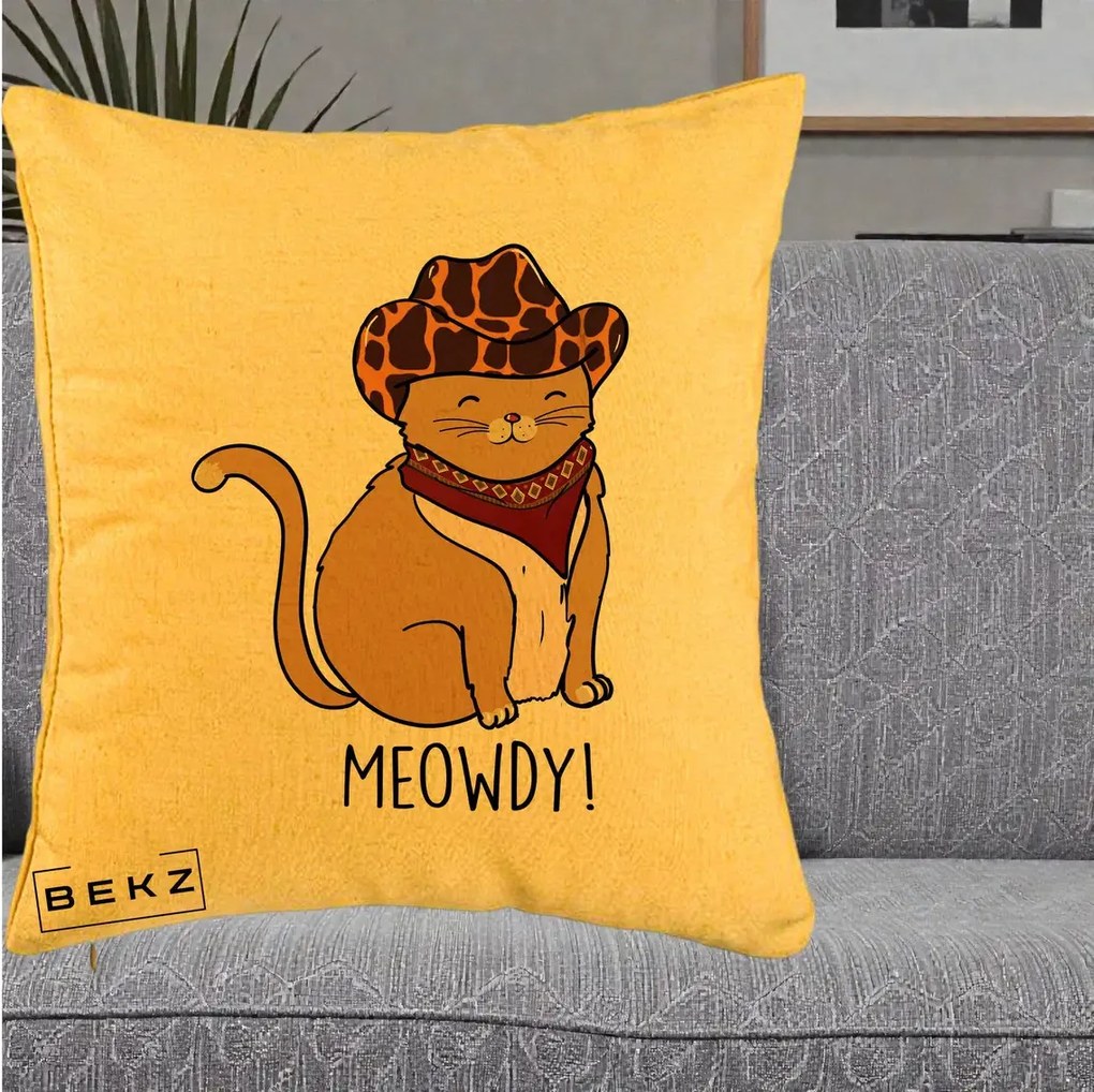 Perna Decorativa Pisica Cowboy Meowdy, 40x40 cm, Galben, Husa Detasabila, Perna Inclusa, BEKZ®
