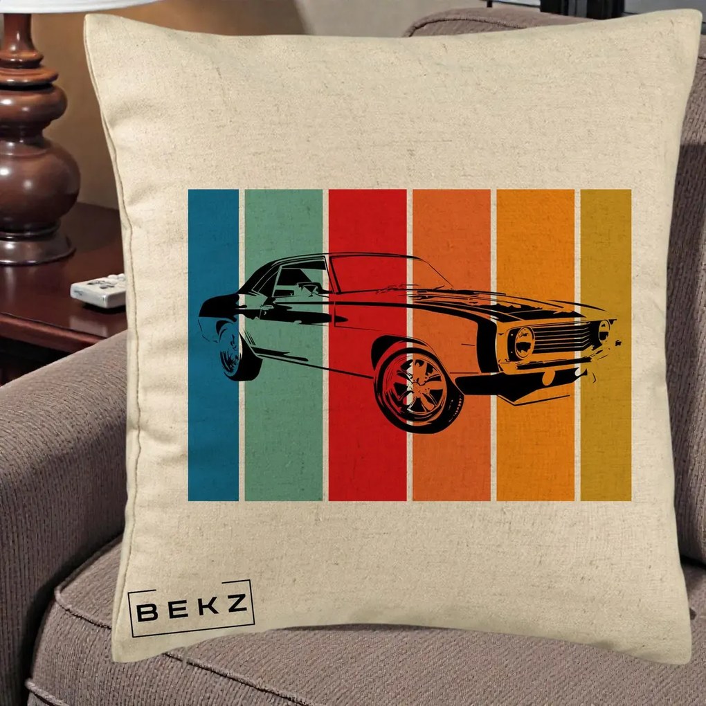 Perna Personalizata Masina Retro Muscle Car Grafic, 40x40 cm, Bej, Husa Detasabila, Perna Inclusa, BEKZ®