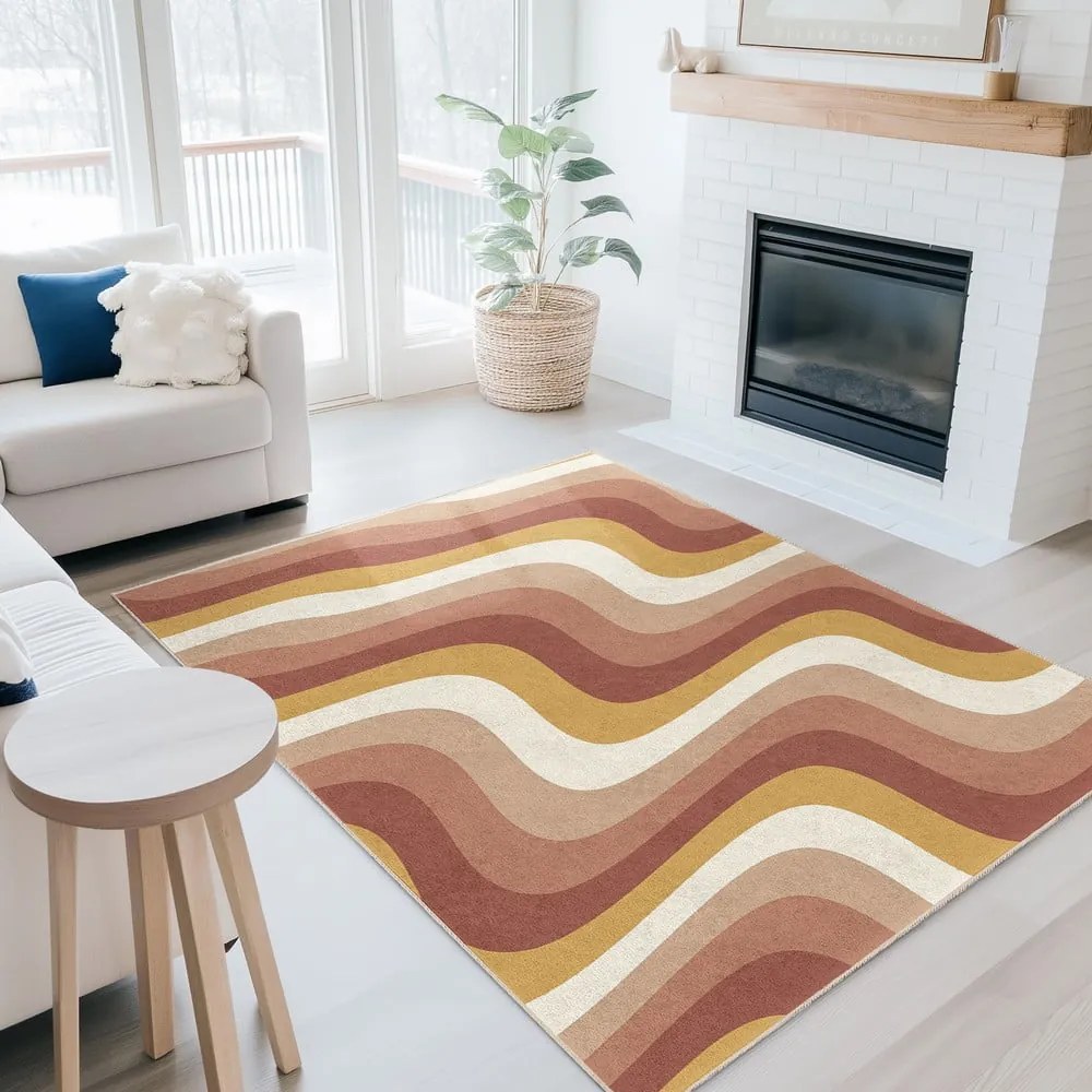 Covor galben ocru-roz prăfuit lavabil 80x150 cm Creamy Strawberry Swirl – Mila Home