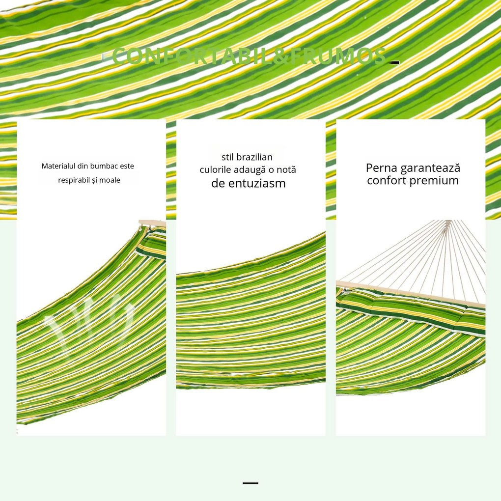 Outsunny Hamac Matrimonial in Bumbac cu Dungi Verde Galben si Alb cu Perne | Aosom Romania