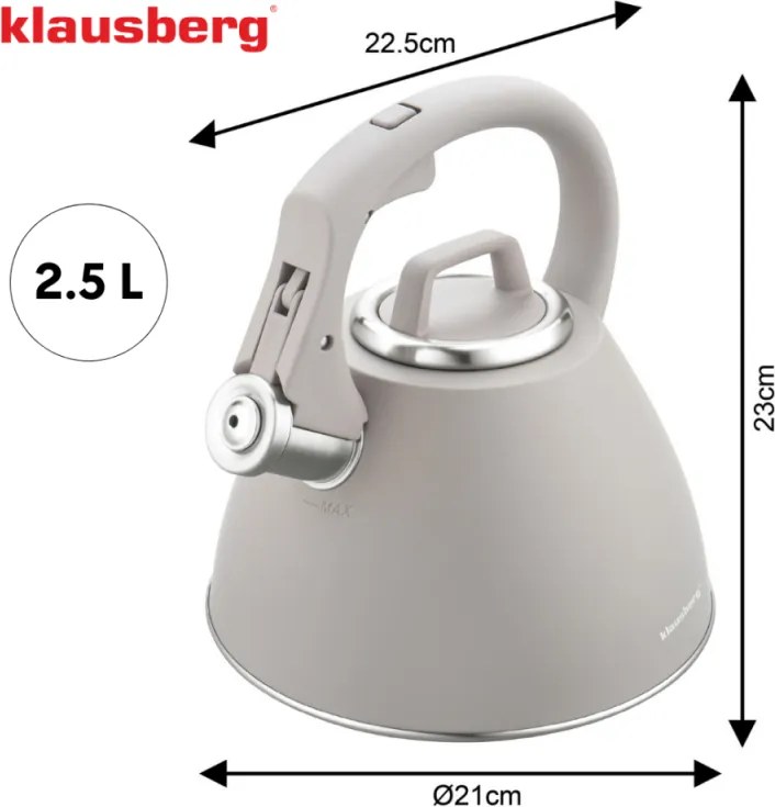 Fierbător fluierător Klausberg KB 7953, 2.5 l, Oțel inoxidabil, Mâner termoizolant, Inducție, Bej