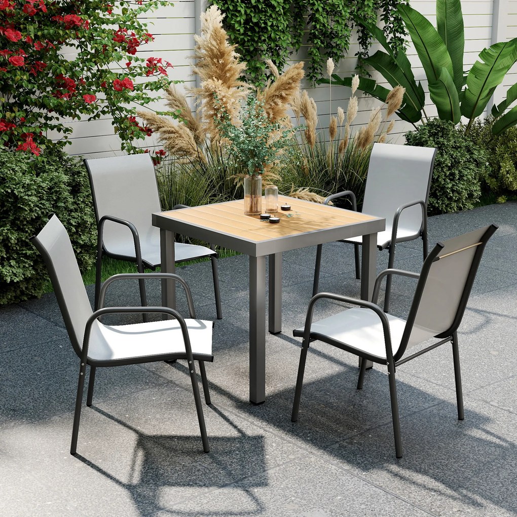 Outsunny Scaune de grădină set 4 buc. Scaune de terasă stivuibile cu spătar respirabil, cotiere, capacitate 120 kg | Aosom Romania