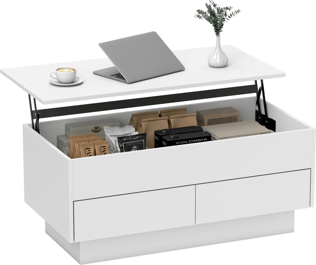 HOMCOM Masă de cafea rabatabilă, masă de salon cu compartiment ascuns și 2 sertare, 100 x 50 x 44 cm, blanc | Aosom Romania