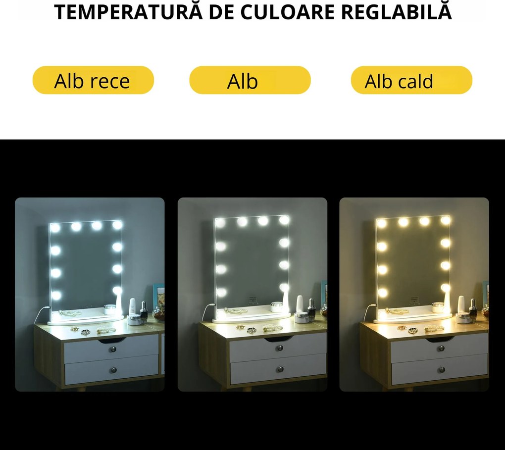 HOMCOM Oglindă de Machiaj cu Becuri LED, Design Modern și Funcțional, Ideală pentru Orice Dormitor, Alb | Aosom Romania