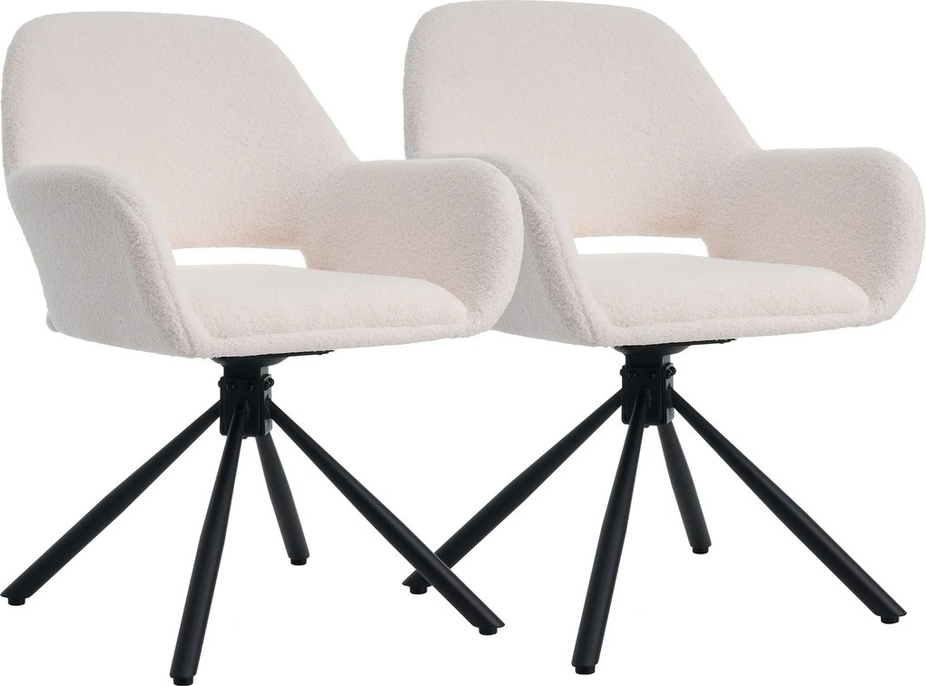 Set de 2 scaune de dining moderne, tapițate în sherpa, cu cotiere și funcție rotativă, Alb
