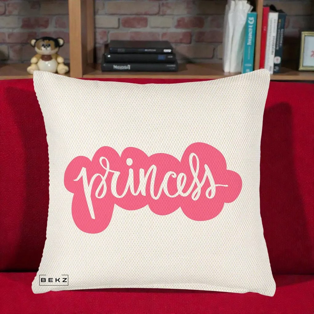 Perna Decorativa Princess Text Roz, 40x40 cm, Crem Reliefat, Husa Detasabila, Perna Inclusa, BEKZ®