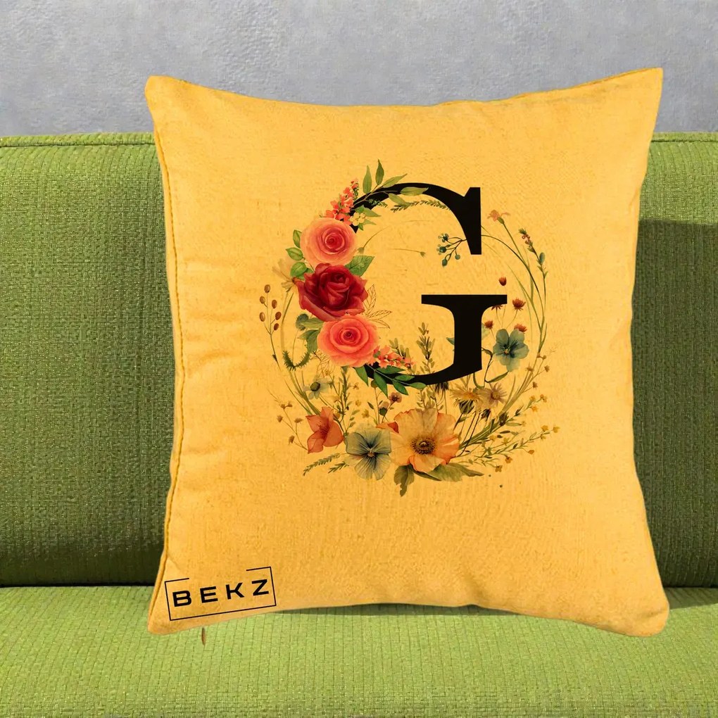 Cadou Personalizat - Perna Personalizata Monogram Litera G cu Flori Acuarela, 40x40 cm, Galben, Husa Detasabila, Perna Inclusa, BEKZ®