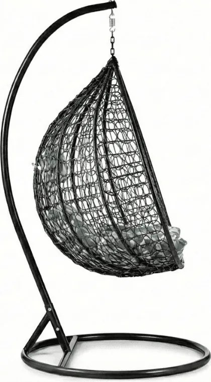 Scaun negru suspendat KOKON cu suport, perna verde-alb