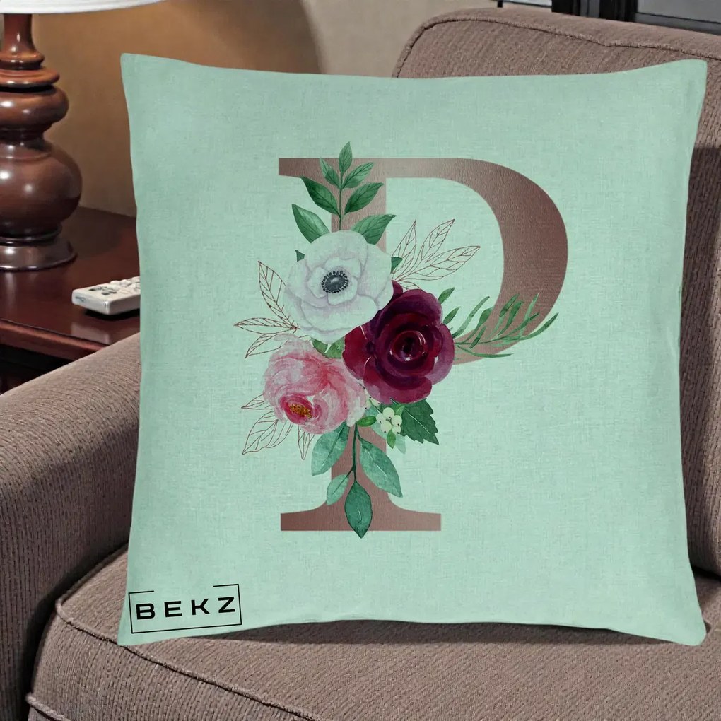 Cadou Personalizat - Perna Personalizata Monograma Rose Gold Litera P, 40x40 cm, Verde Menta, Husa Detasabila, Perna Inclusa, BEKZ®