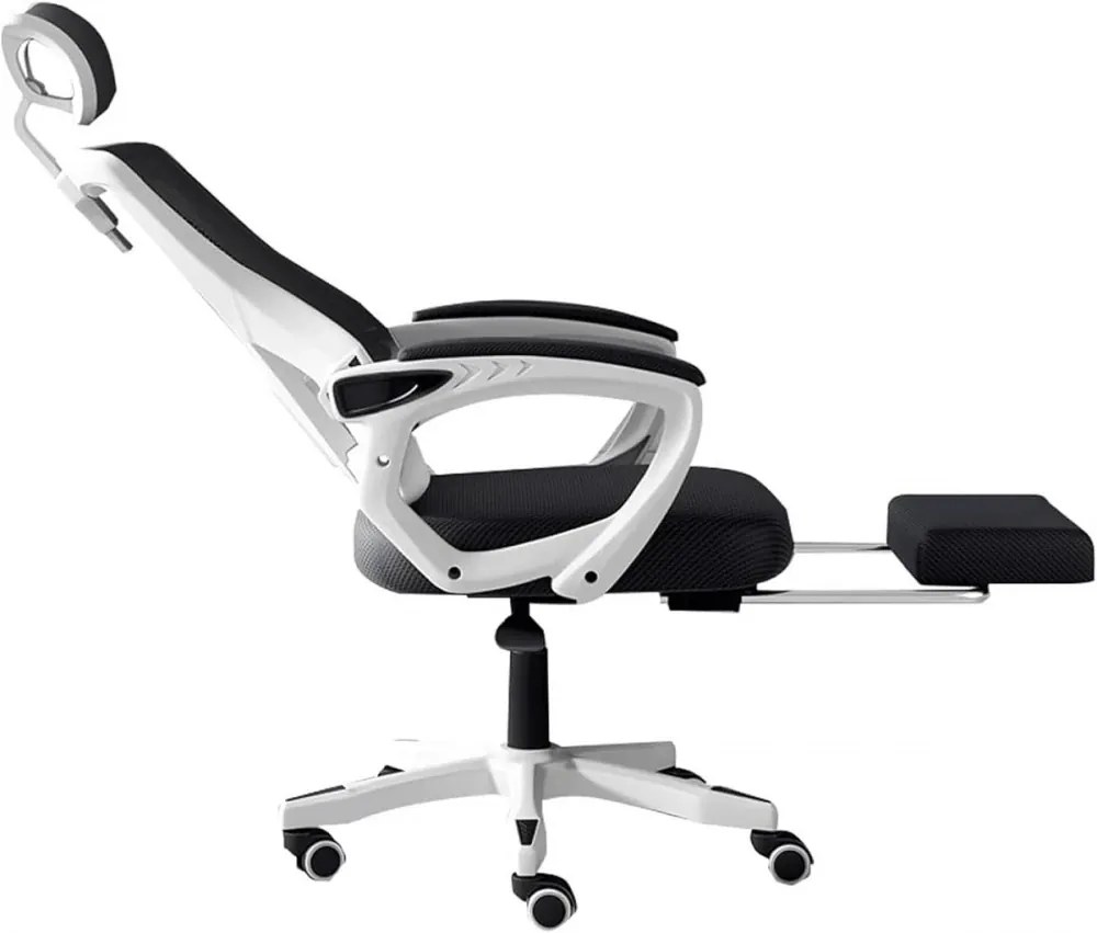 Scaun ergonomic cu suport lombar, pivotant 360°, tetieră reglabilă, suport pentru picioare, Mesh, Alb/Negru