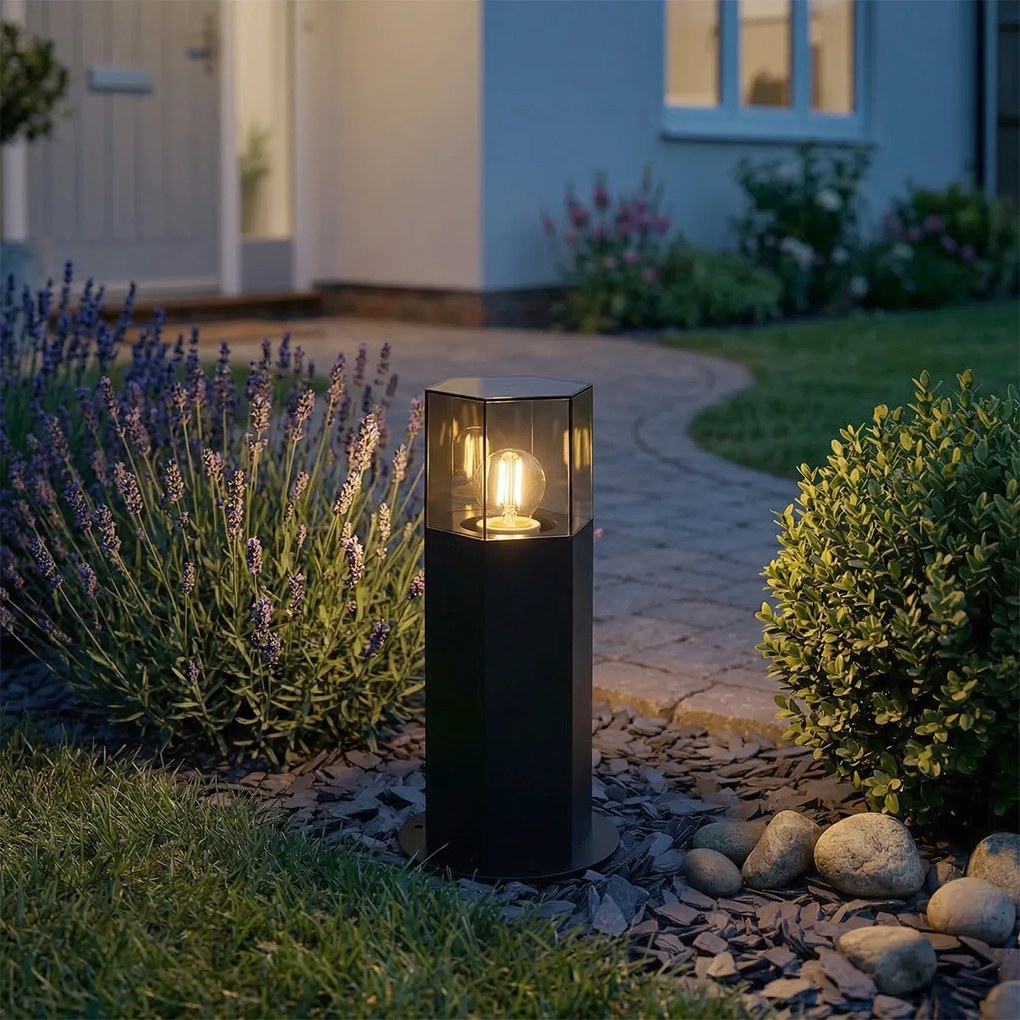 Lampă de podea pentru exterior neagră cu abajur fumuriu hexagonal 30 cm - Denmark