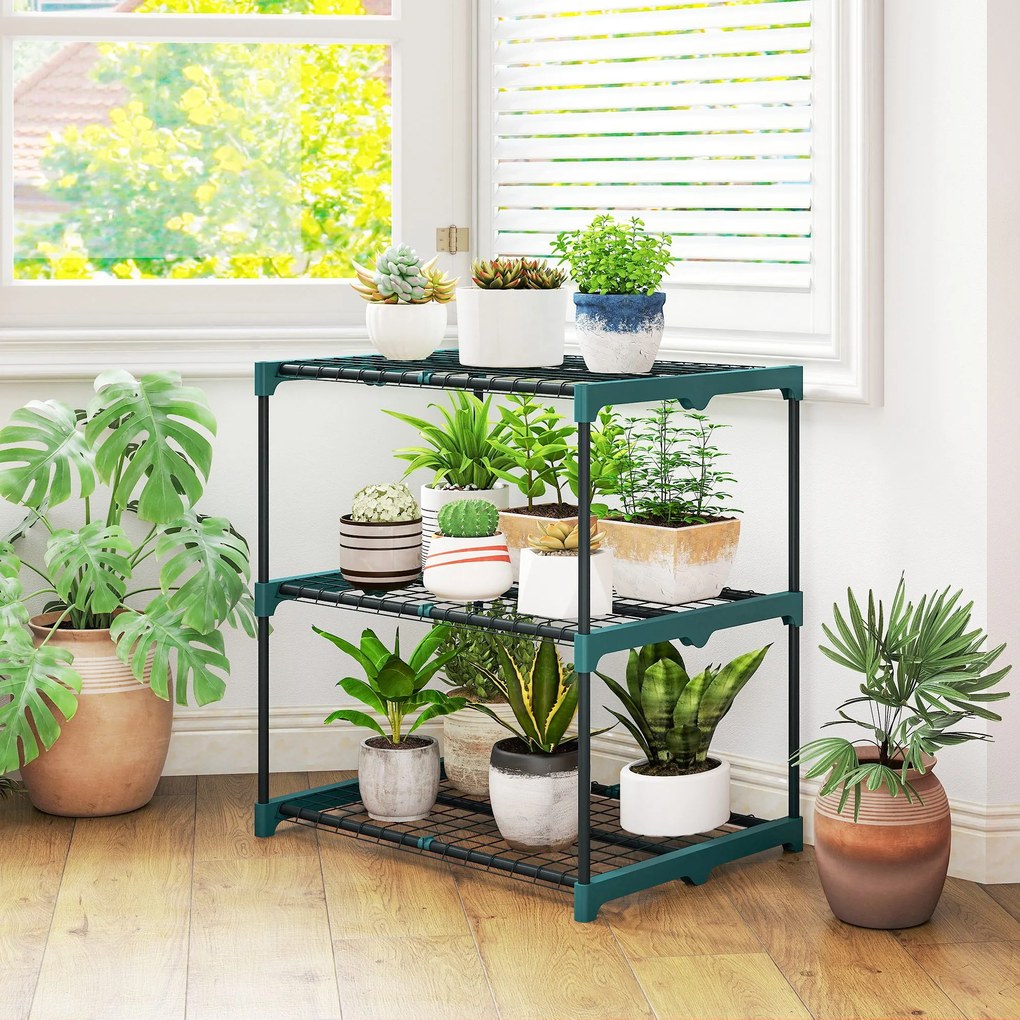 Outsunny Suport pentru plante cu 3 etaje, suport flori de 72 cm pentru interior și exterior, raft pentru plante din oțel Verde închis | Aosom Romania