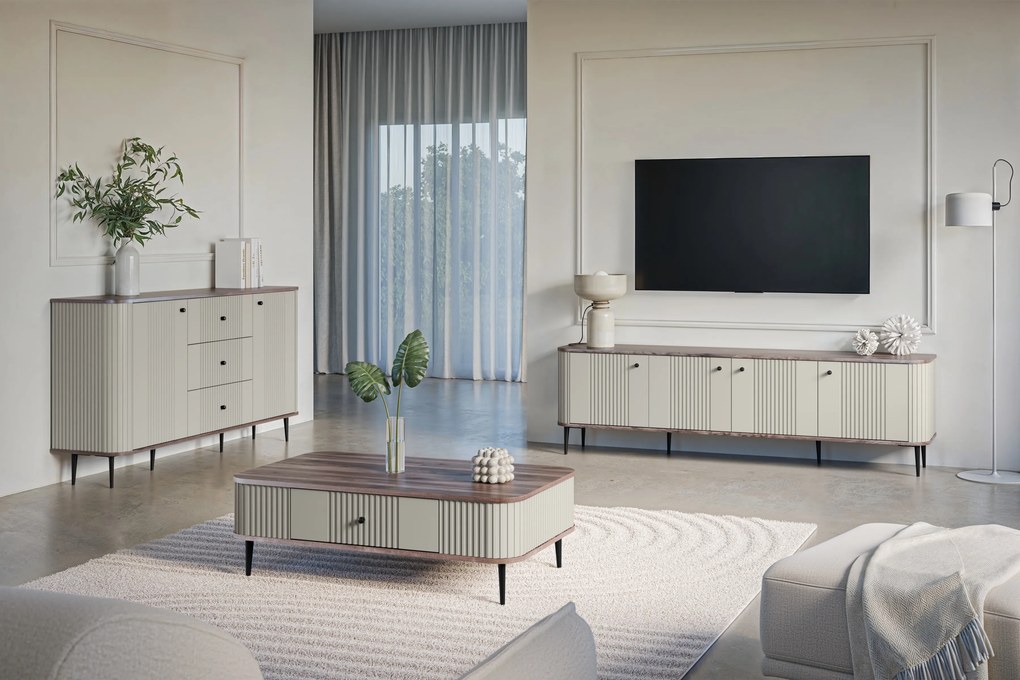 Comodă TV Vesper 4D 187 cm - cașmir / nuc / picioare negre