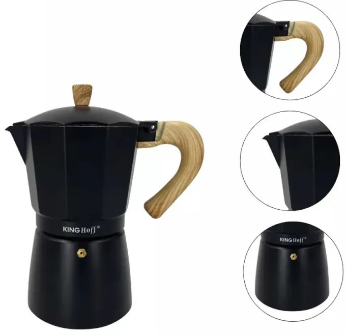 Cafetiera moka Kinghoff KH 1887, 9 cesti, 450 ml, Aluminiu, Inductie, Negru