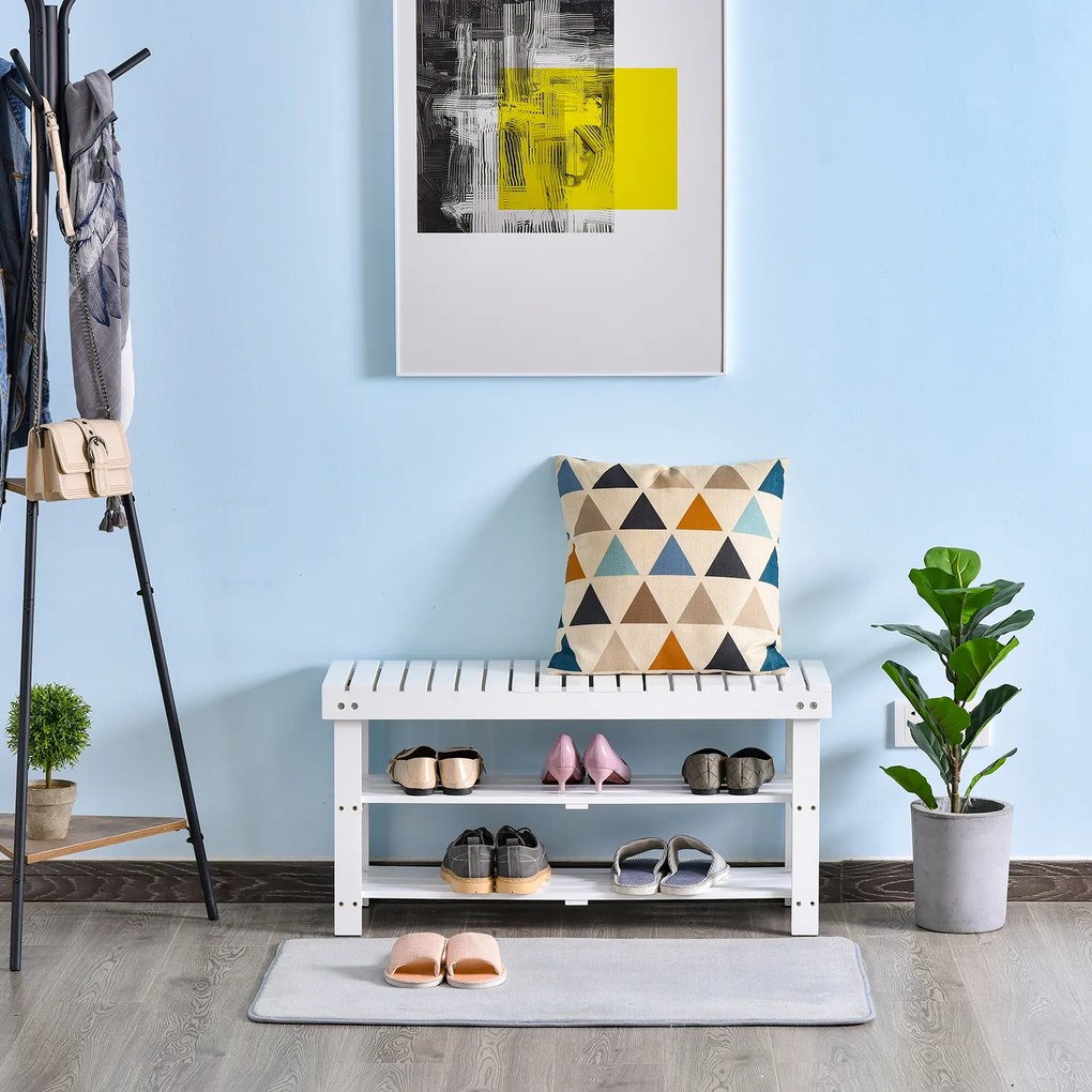 HOMCOM Banc pentru pantofi din lemn cu 3 niveluri cu rafturi de depozitare și compartiment ascuns, 90 x 29 x 45 cm, alb | Aosom Romania