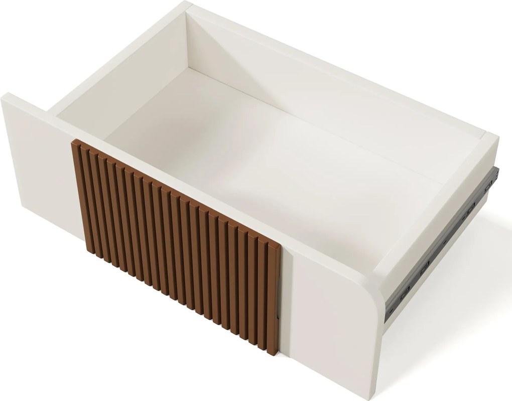 Comodă cu 6 sertare, cu șipci din lemn de culoare ciocolată și picioare sferice din lemn masiv, albe, 121x41x71 cm, Alb