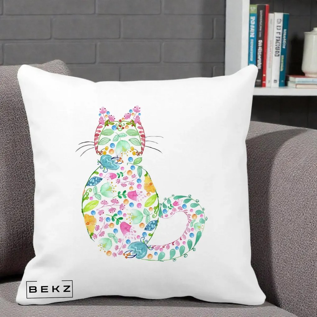 Perna Decorativa Pisica Florala Acuarela, 40x40 cm, Alba Mata, Husa Detasabila, Perna Inclusa, BEKZ®