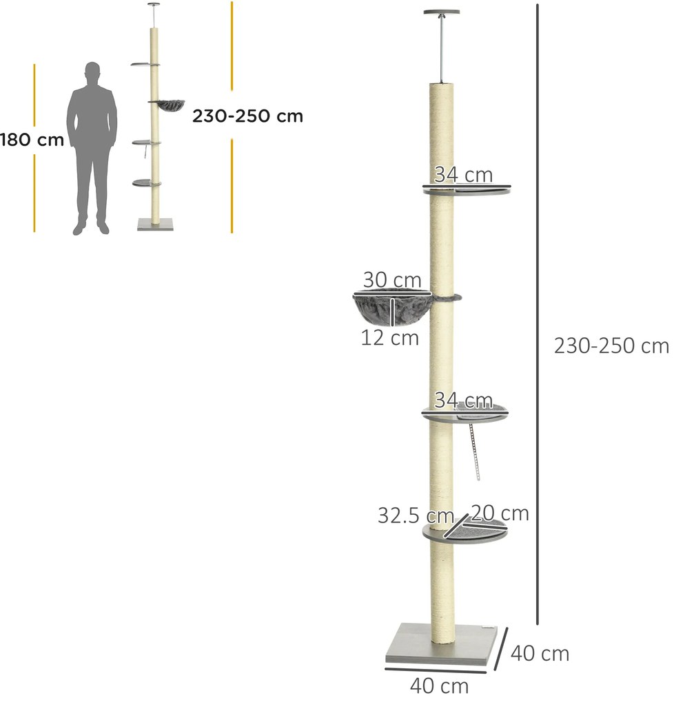 PawHut Zgâriat cu hamac, incl. Tensionare pentru tavan, înălțime totală, 40 cm x 40 cm x 250 cm, Gri + Alb crem | Aosom Romania