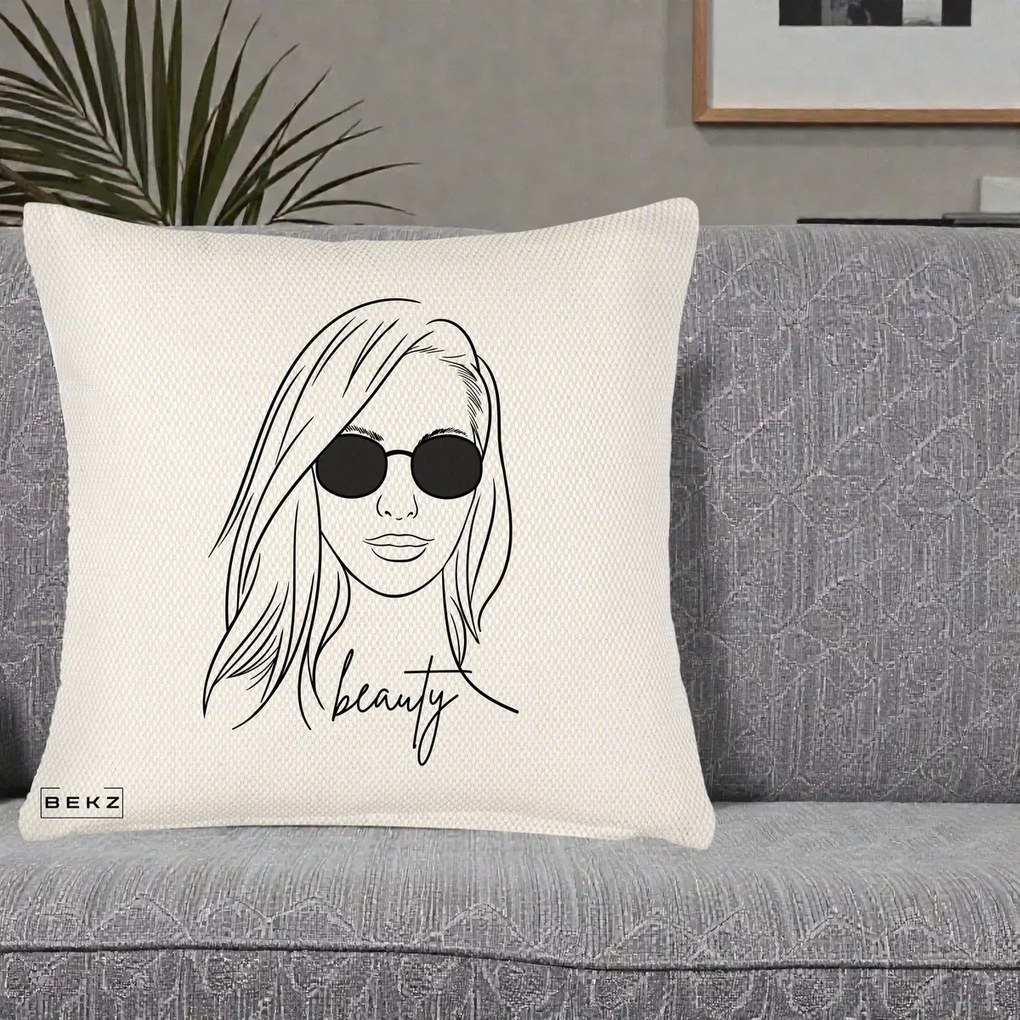 Perna Decorativa Beauty Girl Line Art, 40x40 cm, Crem Reliefat, Husa Detasabila, Perna Inclusa, BEKZ®