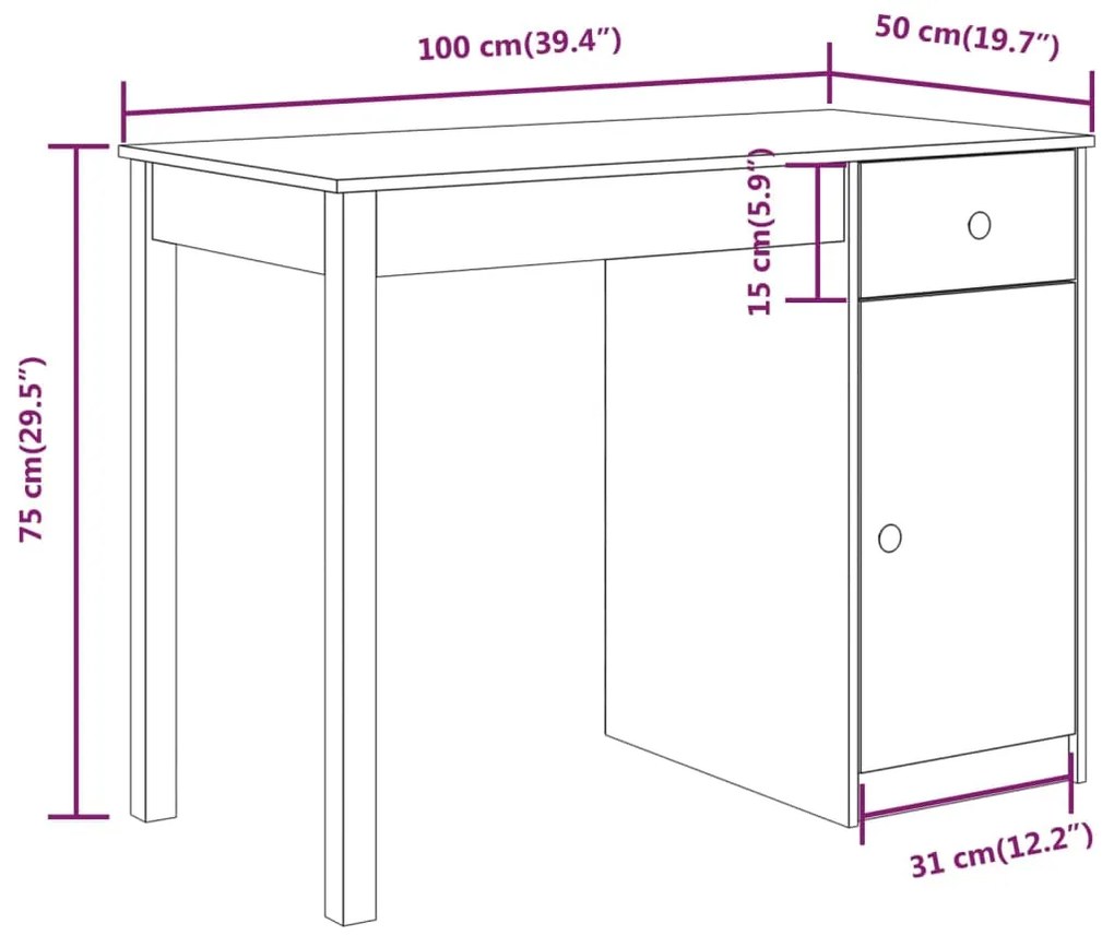 Birou, 100x50x75 cm, lemn masiv de pin Maro