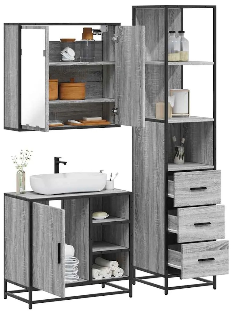 vidaXL Set mobilier de baie, 3 piese, gri sonoma, lemn prelucrat