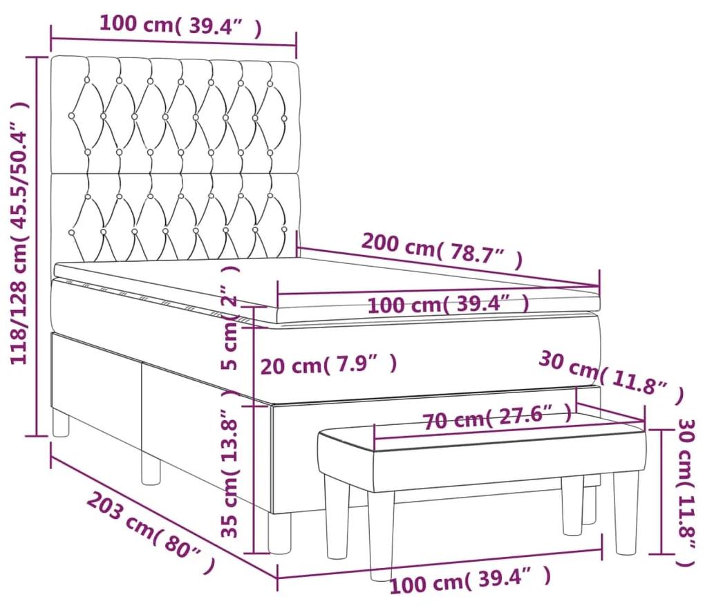 Pat box spring cu saltea, gri deschis, 100x200 cm, textil Gri deschis, 100 x 200 cm, Design cu nasturi