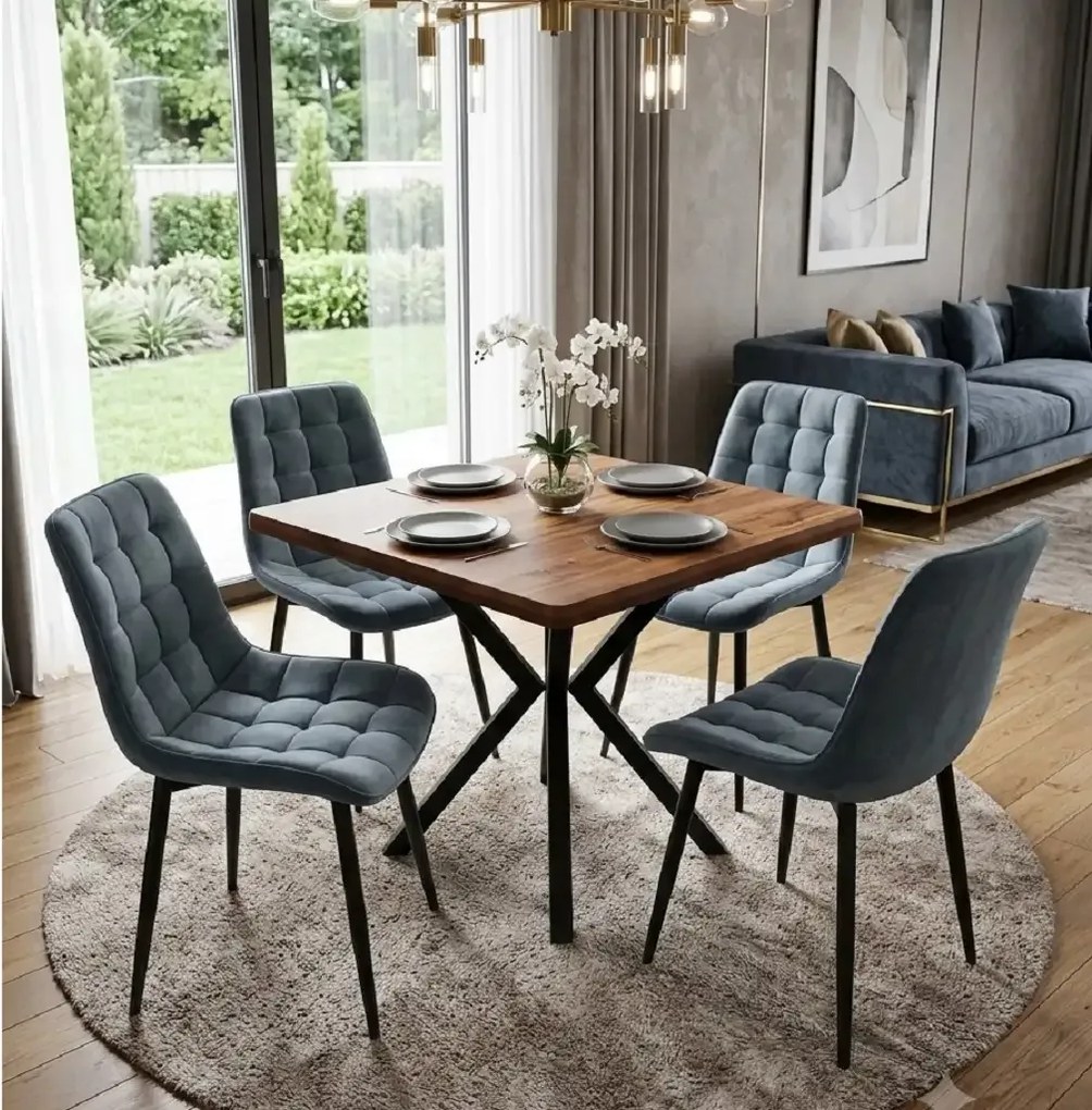 Set masa 80 cm blat MDF si 4 scaune Dnv Homs catifea gri, picioare metalice negre