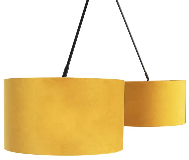 Lampă suspendată neagră cu abajururi din catifea ocru cu auriu 35 cm - Blitz