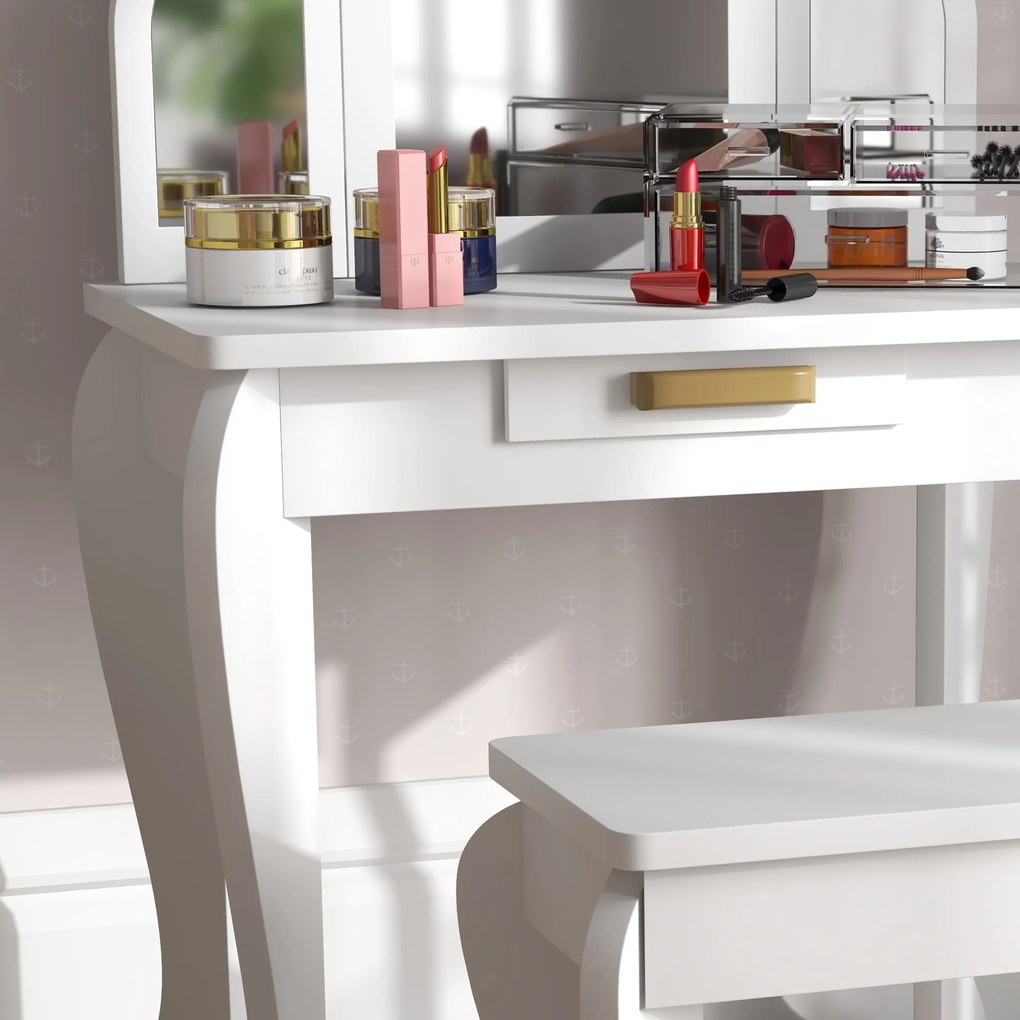 HOMCOM Măsuță pentru copii cu oglindă și taburet Măsuță de toaletă pentru fete 3-6 ani cu sertar alb | Aosom Romania